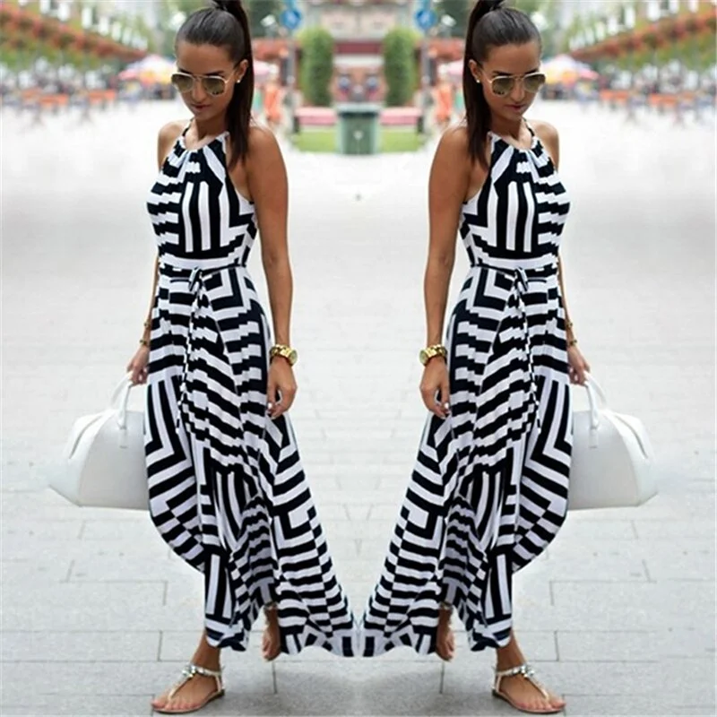 Summer Maxi Long Dress Women Sexy Boho Striped Sleeveless Beach Style Strap Sundress Vestidos For Female Black White