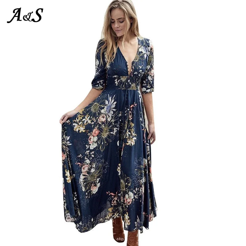 Women Floral Dress Summer High Split Dress Sexy V-neck Beach Boho Dress Three Quarter Sleeves Maxi Long Dresses Plus Size S-XXL