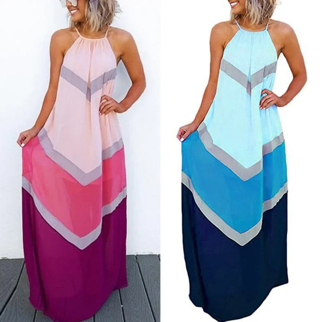 Women's Halter Striped Color Patchwork Pleated Back Hollow Out Maxi Long Dresses Robe Femme Vestidos Elbise stockout