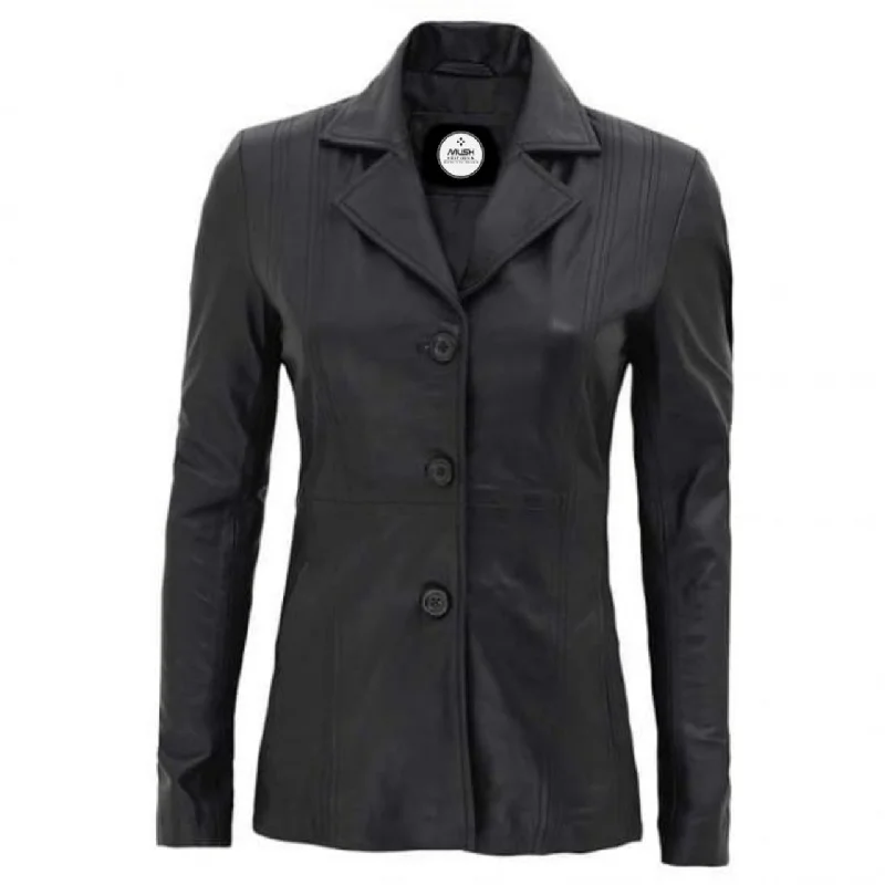 Women Black Three Button Closure Leather Blazer