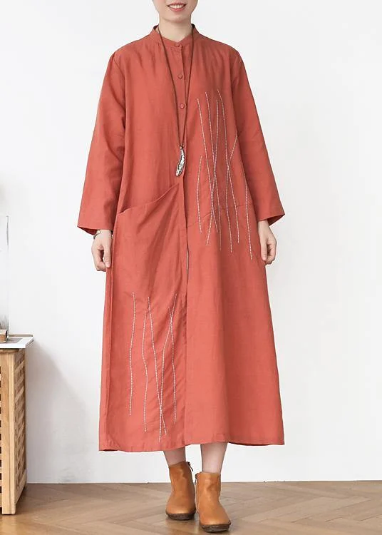 Elegant Rubber red Pockets Linen long clothes Spring Trench