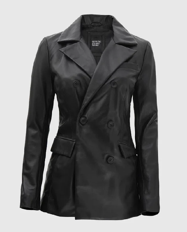 Women's Double Breasted Black Leather Blazer