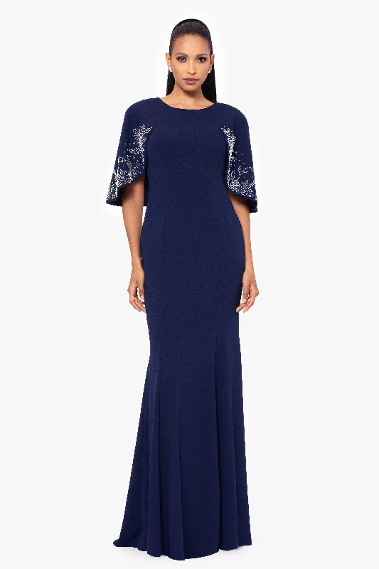 "Doris" Long Scuba Crepe Embellished Beaded Cape Dress