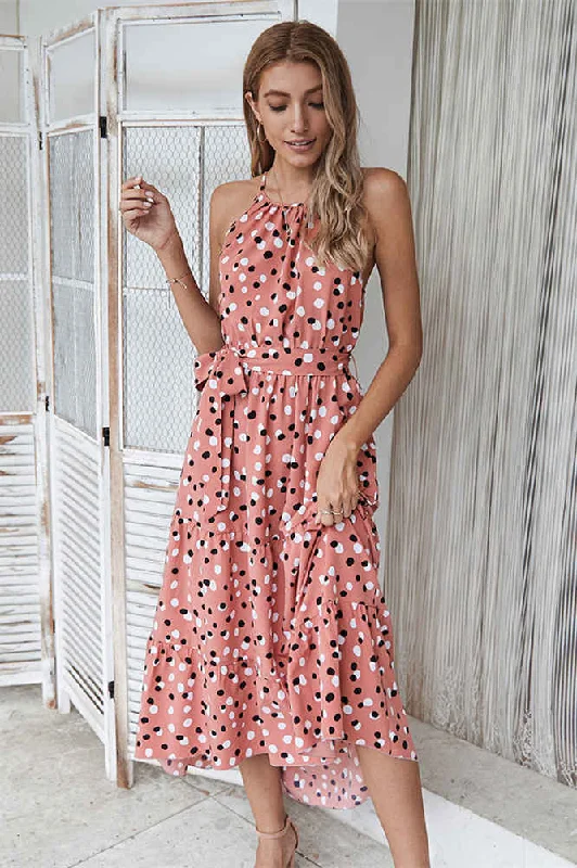 Boho Pink Halter Polka Dot Long Summer Dress