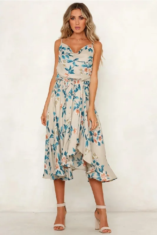 Free Shipping Cowl Neck Asymmetrical Floral Summer Dress