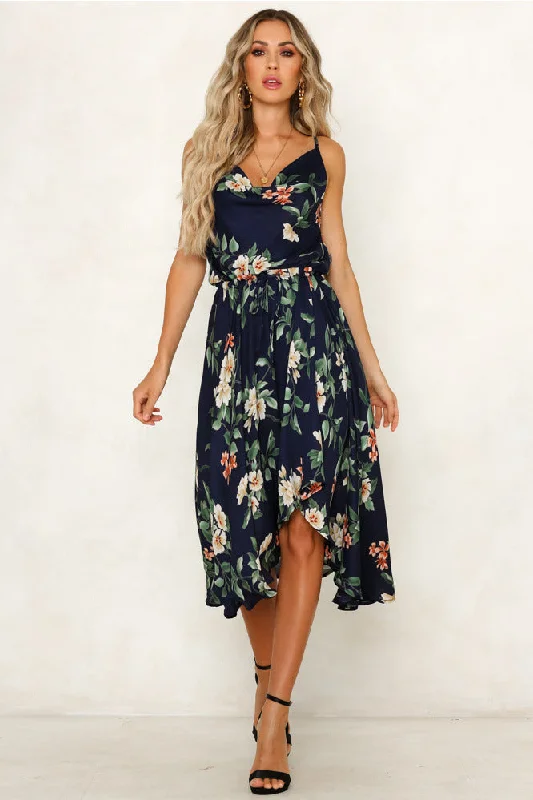 Free Shipping Cowl Neck Asymmetrical Floral Summer Dress