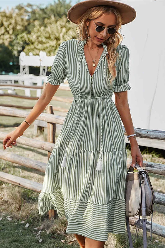 Green V-Neck White Stripes Long Summer Dress