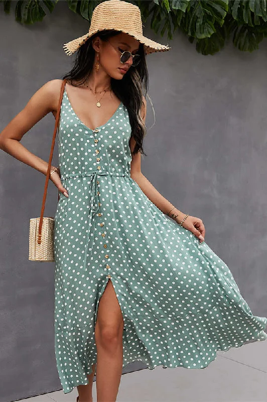 Summer Straps Green Dress with Polka Dots