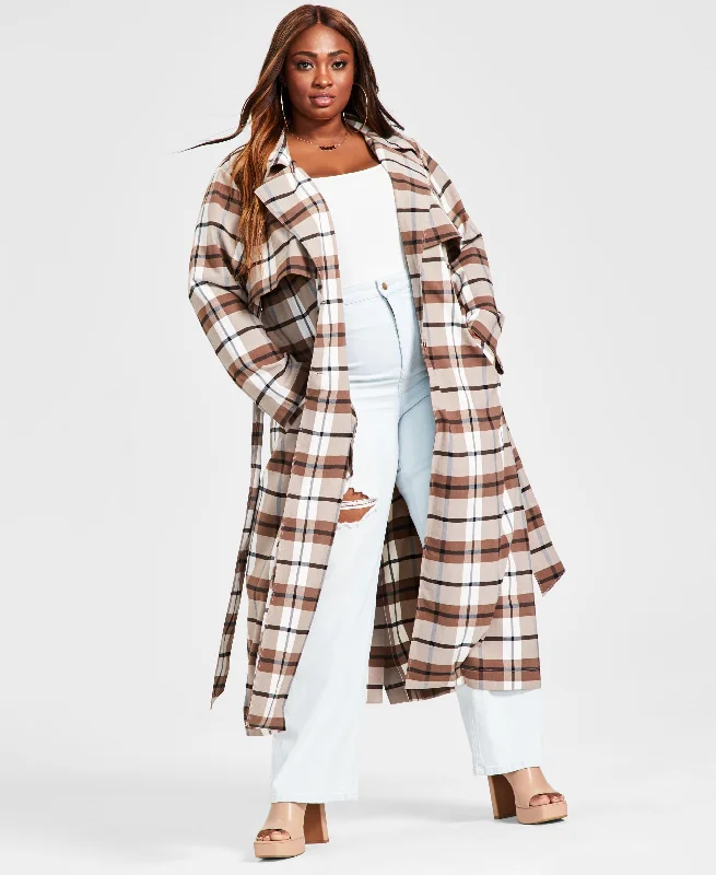 Trendy Plus Size Plaid Trench Coat