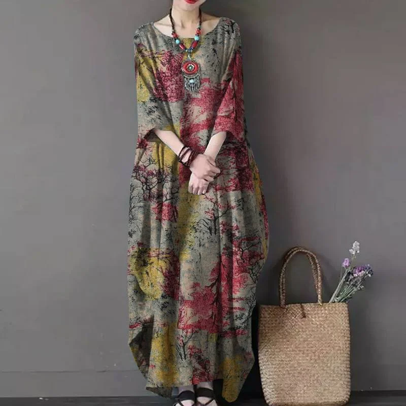 Vintage Women Sundress Casual Long Sleeve Printed Maxi Long Dress Kaftan Female Baggy Floral Vestidos  Dresses