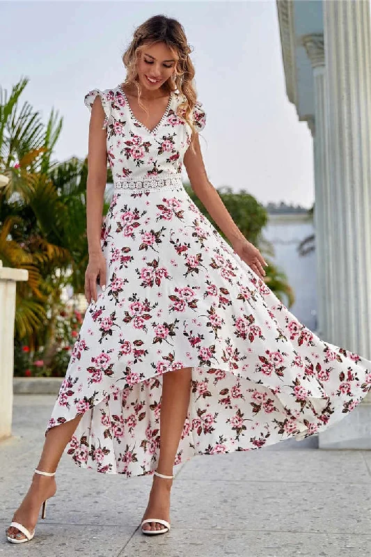 White V-Neck Floral Hi-Low Sundress