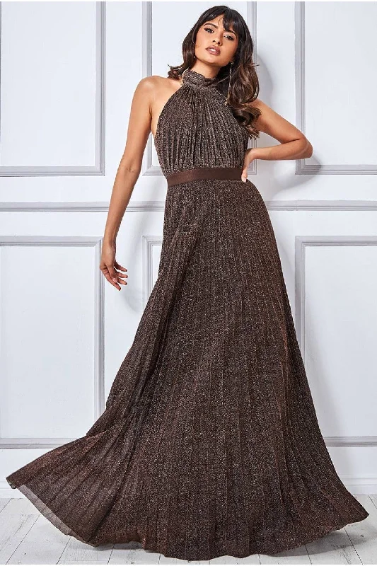 Goddiva Exclusive Lurex Halterneck Pleated Maxi - Bronze