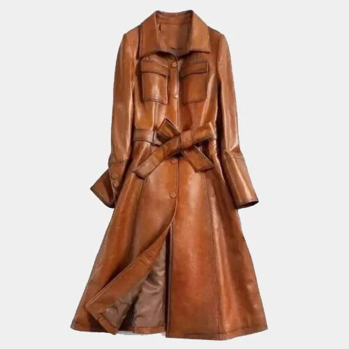 Italian Style Wax Tan Long Leather Trench Coat