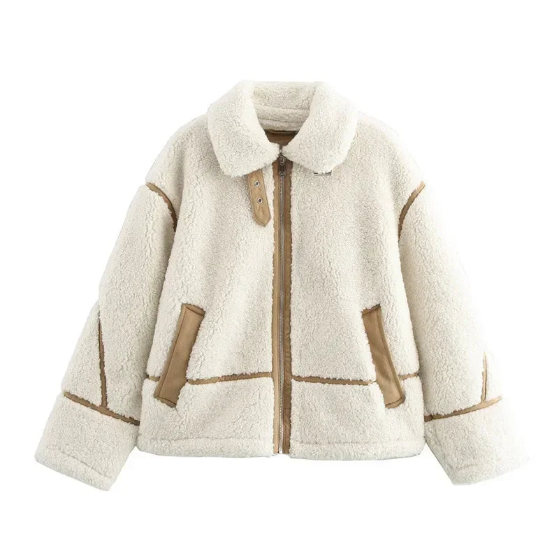 Long Sleeve Splicing Lamb Wool Coat Women