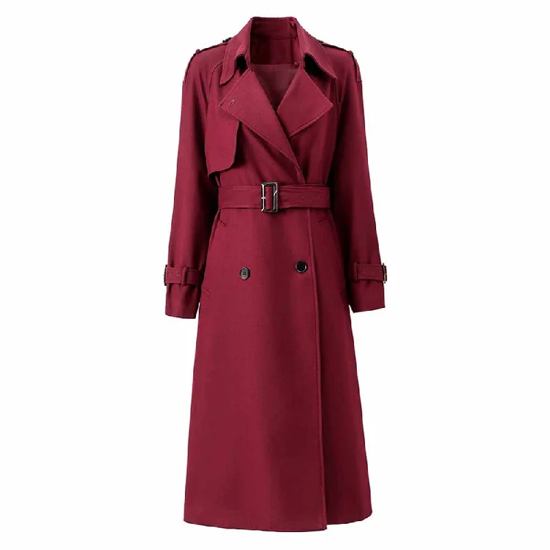 Women Burgundy Trench Coat With Sashes Double Breasted Long Coat