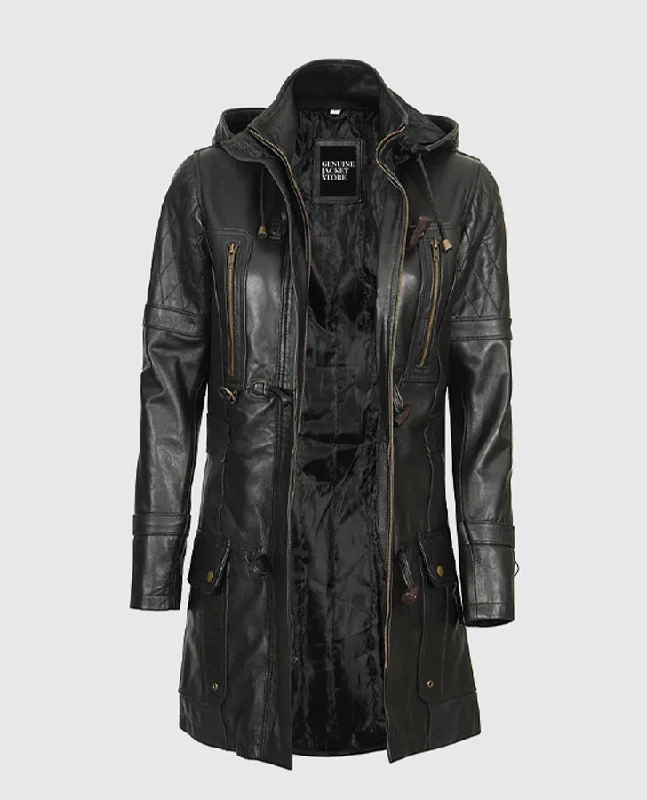 Women's Black Slim Fit Hooded Leather Coat