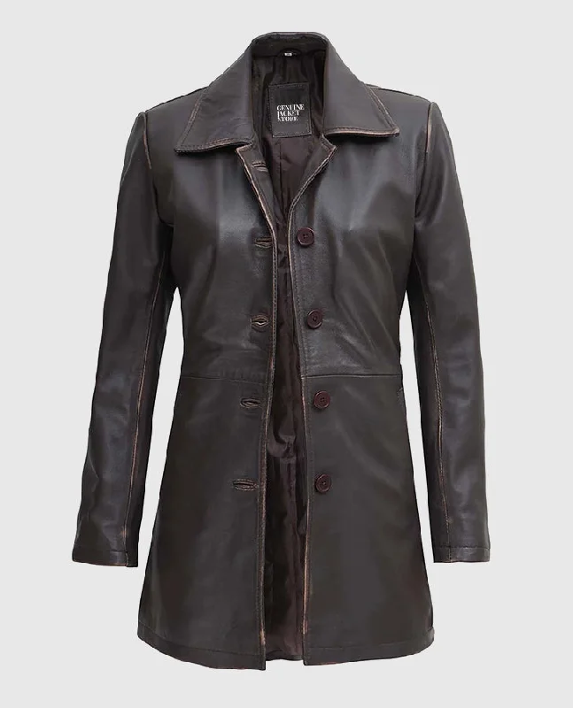 Women's Distressed Dark Brown Leather Coat