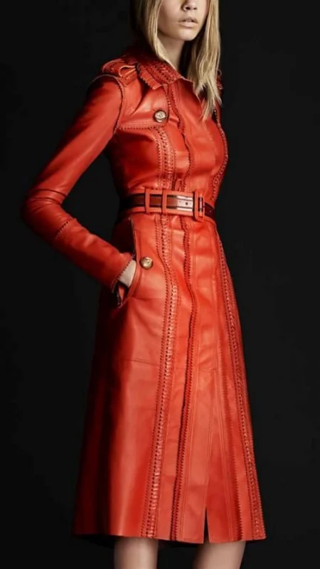 Women's Vibrant Orange Knee Length Leather Trench Coat TC25