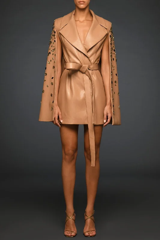 Beige cape coat with embroidered sleeves