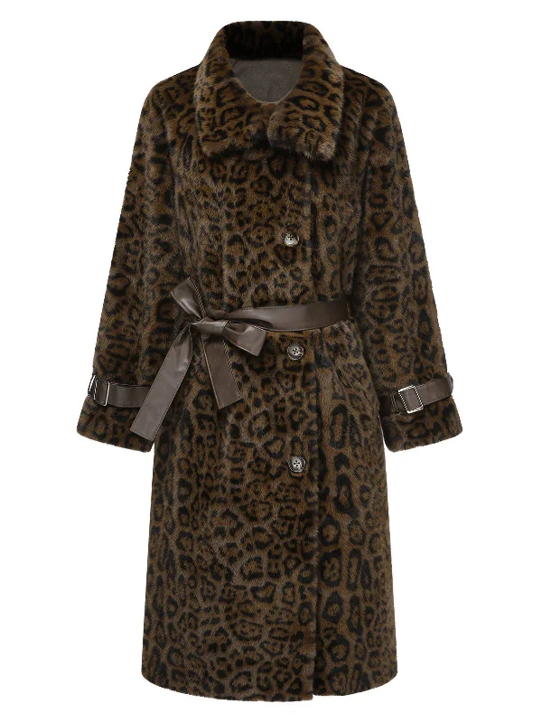 Brown 1950s Leopard Lapel Faux Fur Coat