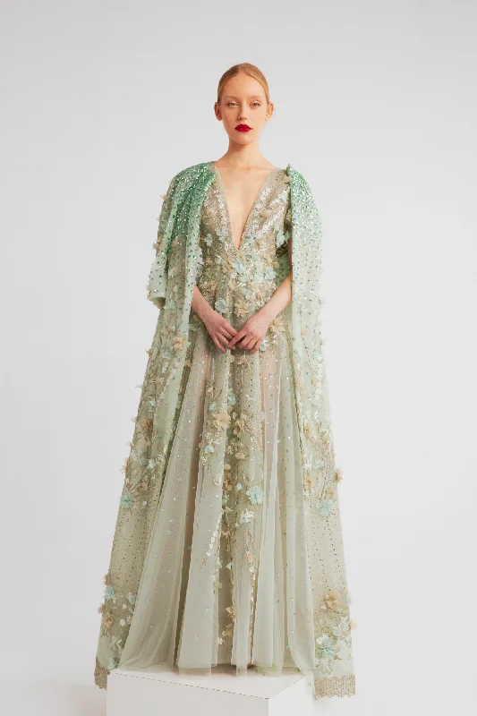 Floral embriodered tulle gown with coat