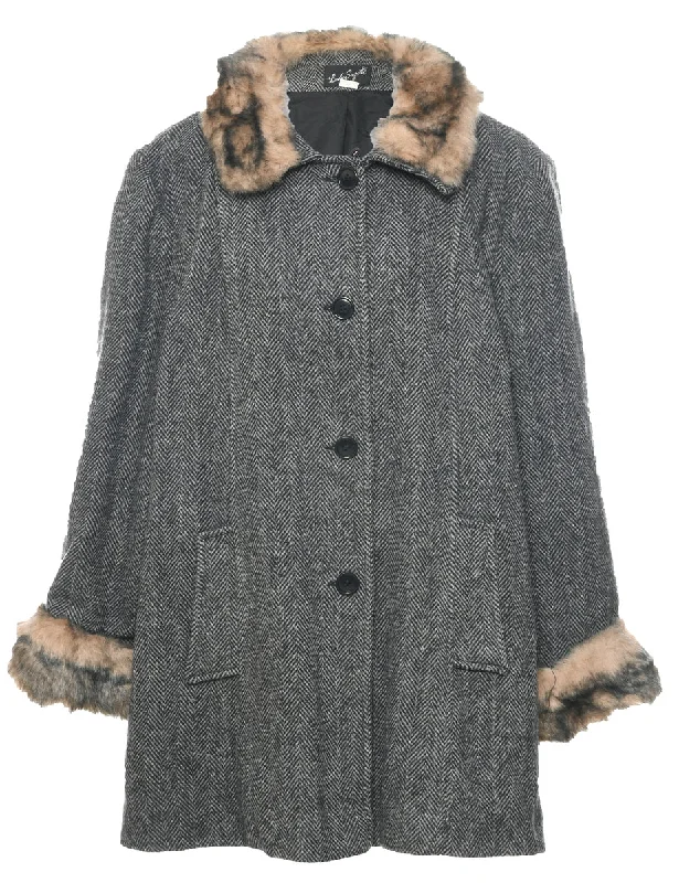 Herringbone Tweed Wool Coat - L