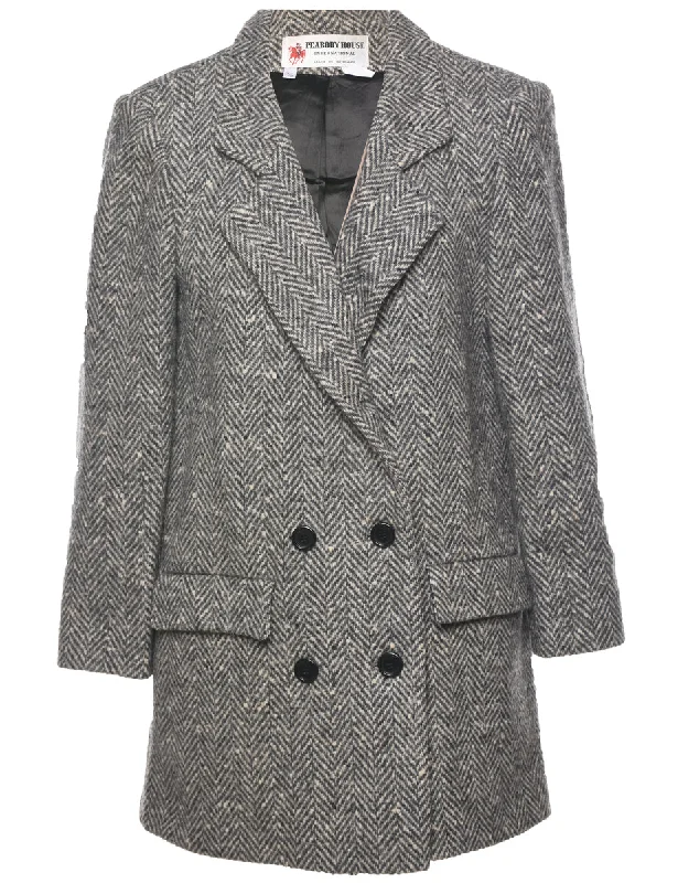 Herringbone Tweed Wool Coat - L