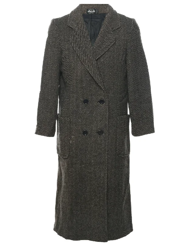 Herringbone Tweed Wool Coat - L