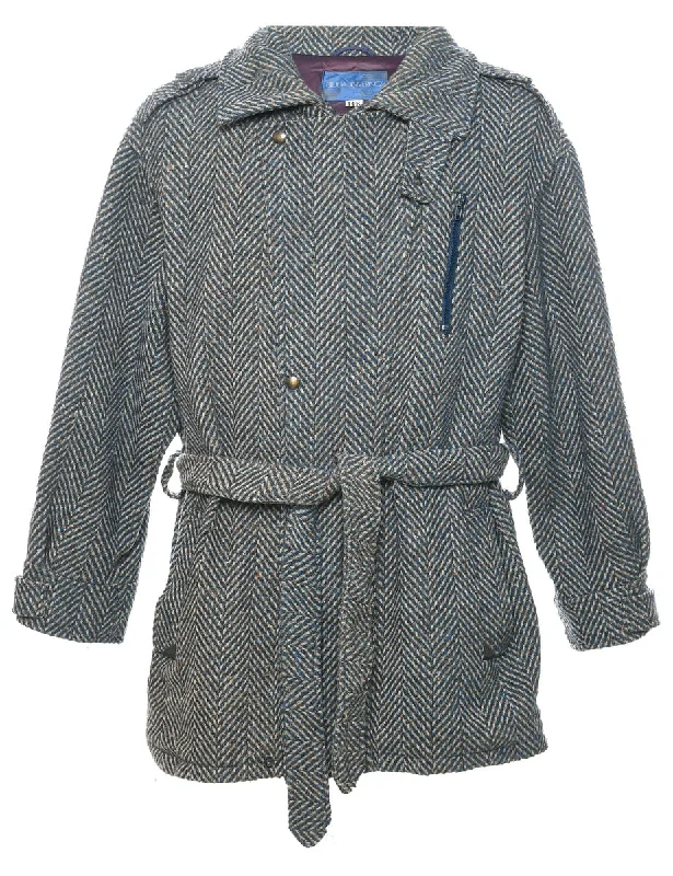 Herringbone Tweed Wool Coat - L