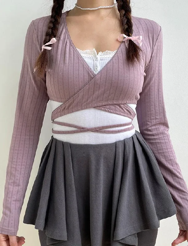 Balletcore V-neck Knitted Cross Strap Long-sleeve Cardigan