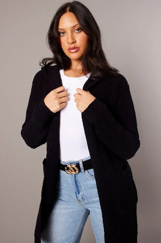 Black Knit Cardigan Hooded Longline Chenille