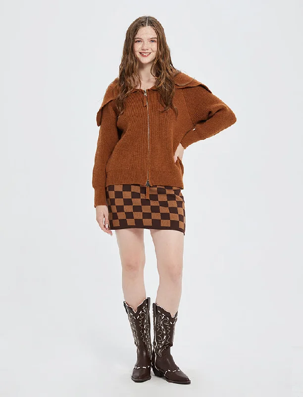 Brown Zipper Sweater Knitted Crop Cardigan