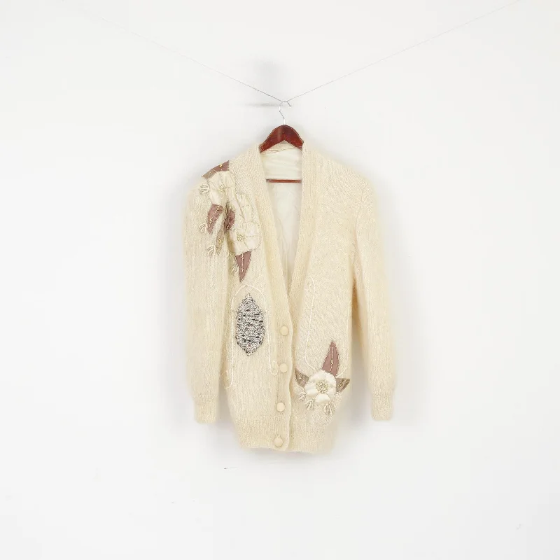 Handarbelt Women L/XL Cardigan Beige Mohair Hand Made Embroidered Sweater