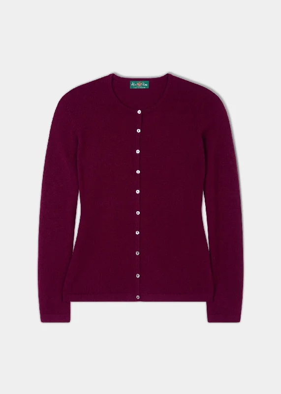 Clare Ladies Cashmere Crew Neck Cardigan In Bordeaux