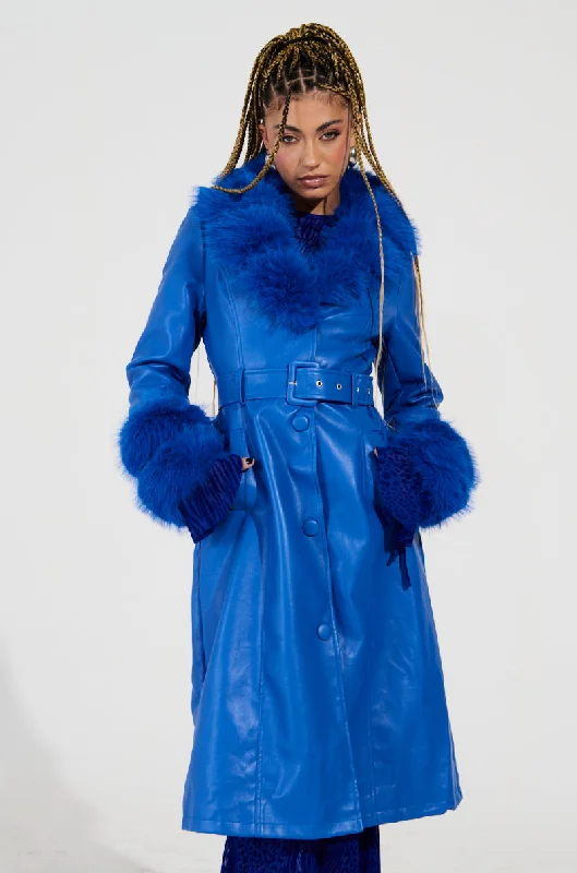 NEW KAYA FUR LINED TRENCH IN BLUE