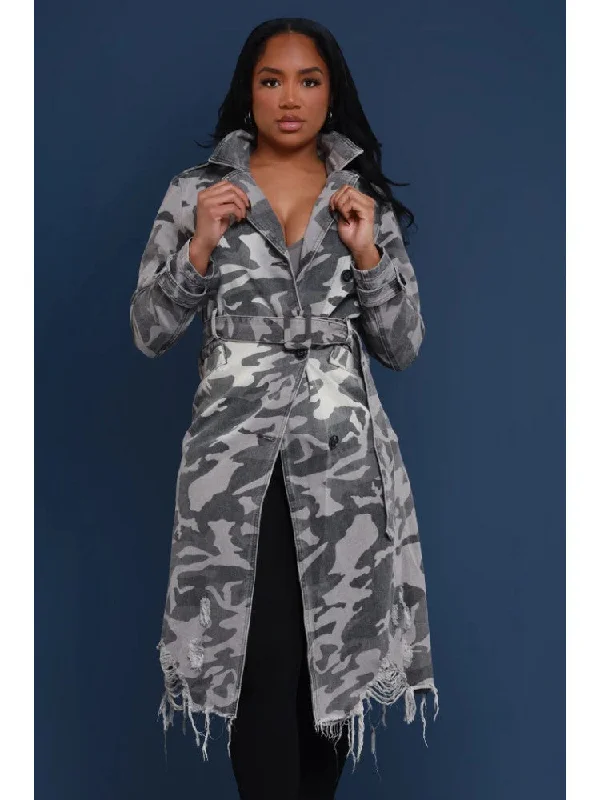 Denim Ripped Camo Tie-wrap Lapel Trench Coat